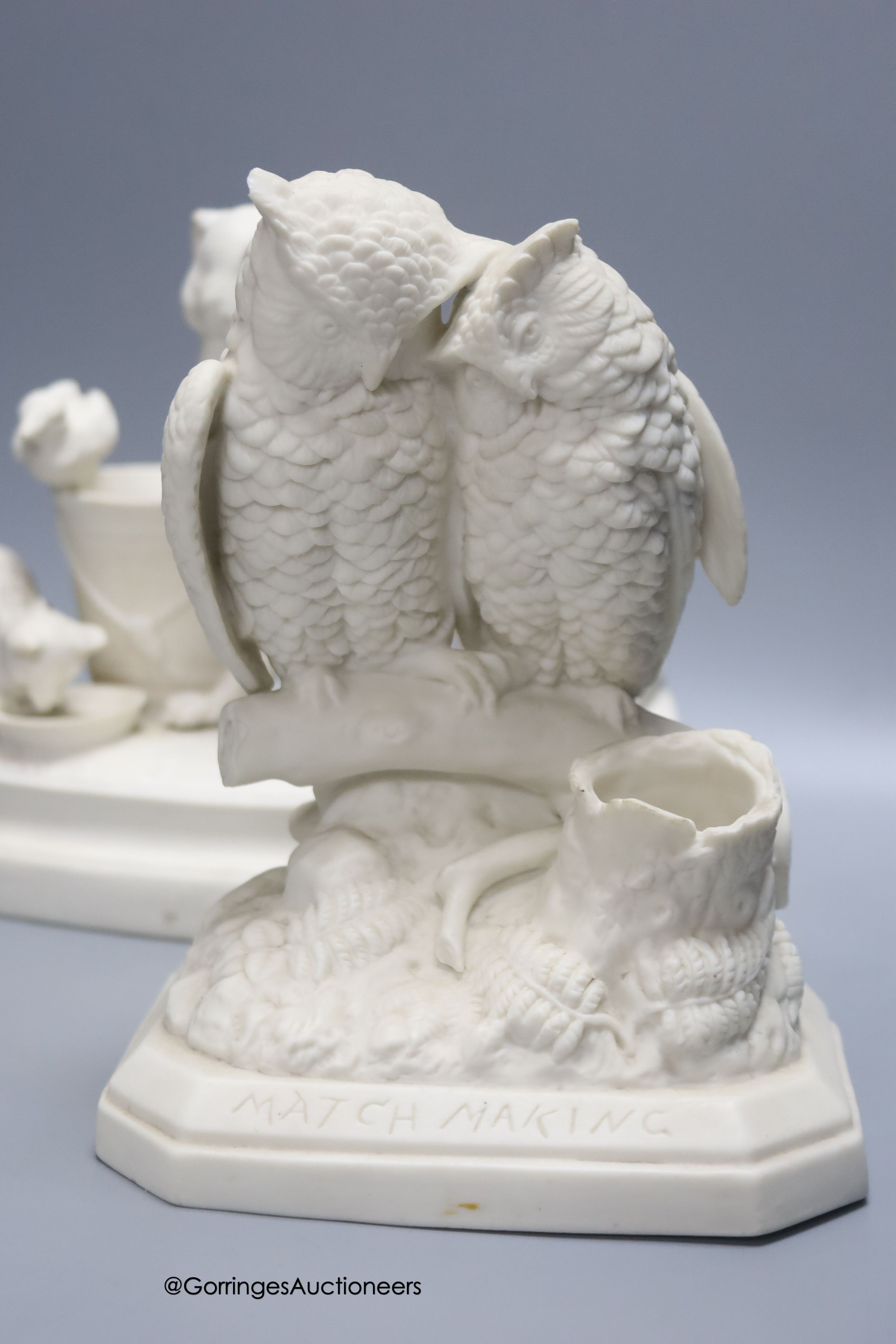 Three Parian Ware animal groups/spill holders, comprising, 'Imposing on Good Nature', 'Match Making' and another by R. J. Morris